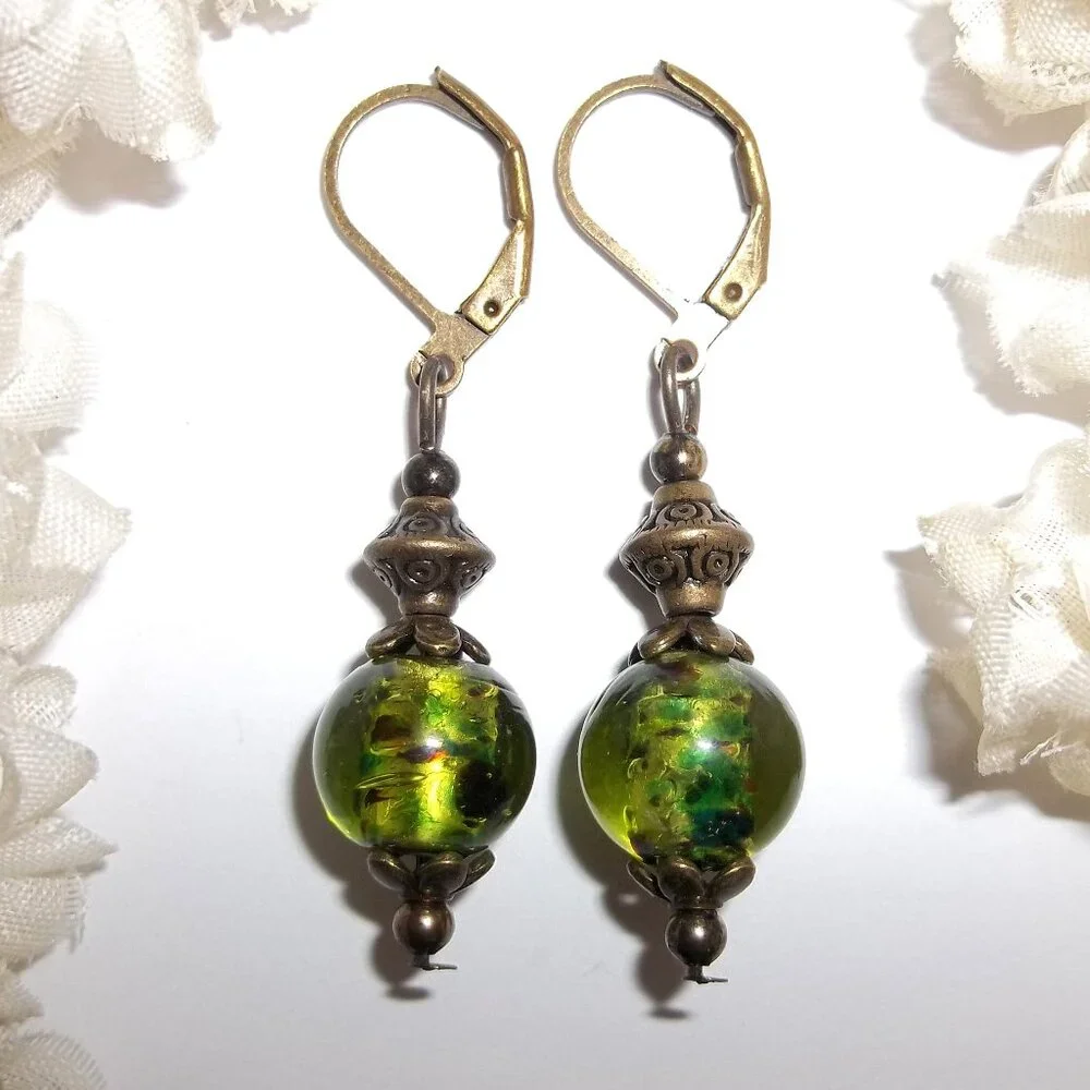 Boho Earrings Green and Brown Bronze Beaded Dangle Handmade Lever Back Set C862